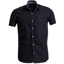 Solid Black Mens Short Sleeve Button up Shirts - Tailored Slim Fit Cotton Dress