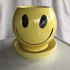 McCoy Happy Face Planter Pot with Attached Plate 0386  4" Yellow Vintage 60-70s