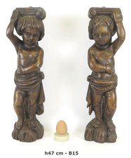 DUE SCULTURE DI LEGNO ANTICHE PUTTI REGGIMENSOLA REGGIPIANO DA PARETE B15