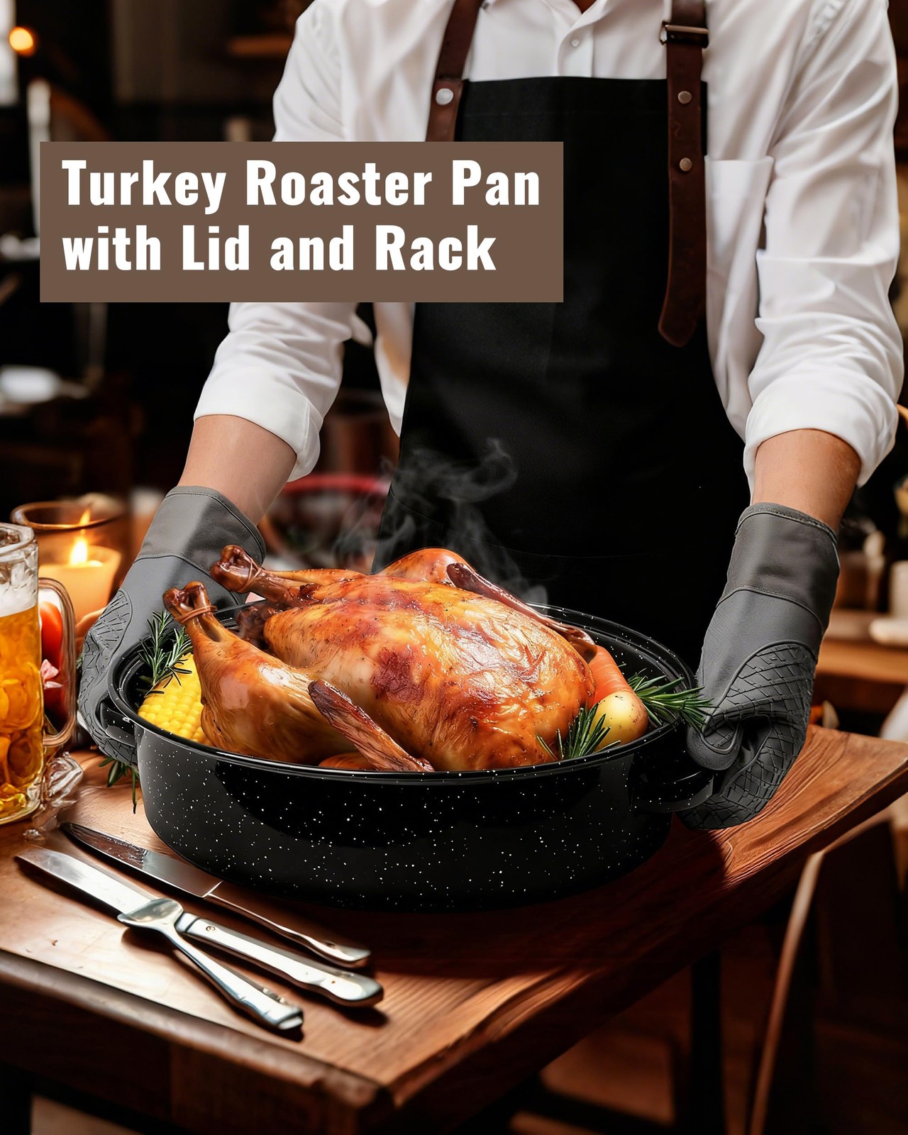 Roasting Pan with Lid & Rack 18 Inch Extra Large Deep Oven Baking Pot, Enamel...