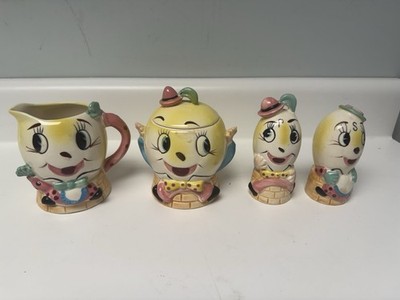 Vintage 1950's Anthropomorphic Humpty Sugar Bowl, Creamer, Salt & Pepper Set