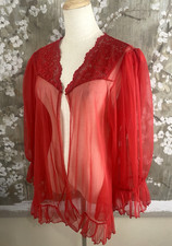 VTG True Red Short Sheer Puff Sleeve Romantic Ruffle Pin Up Bed Jacket Nighty