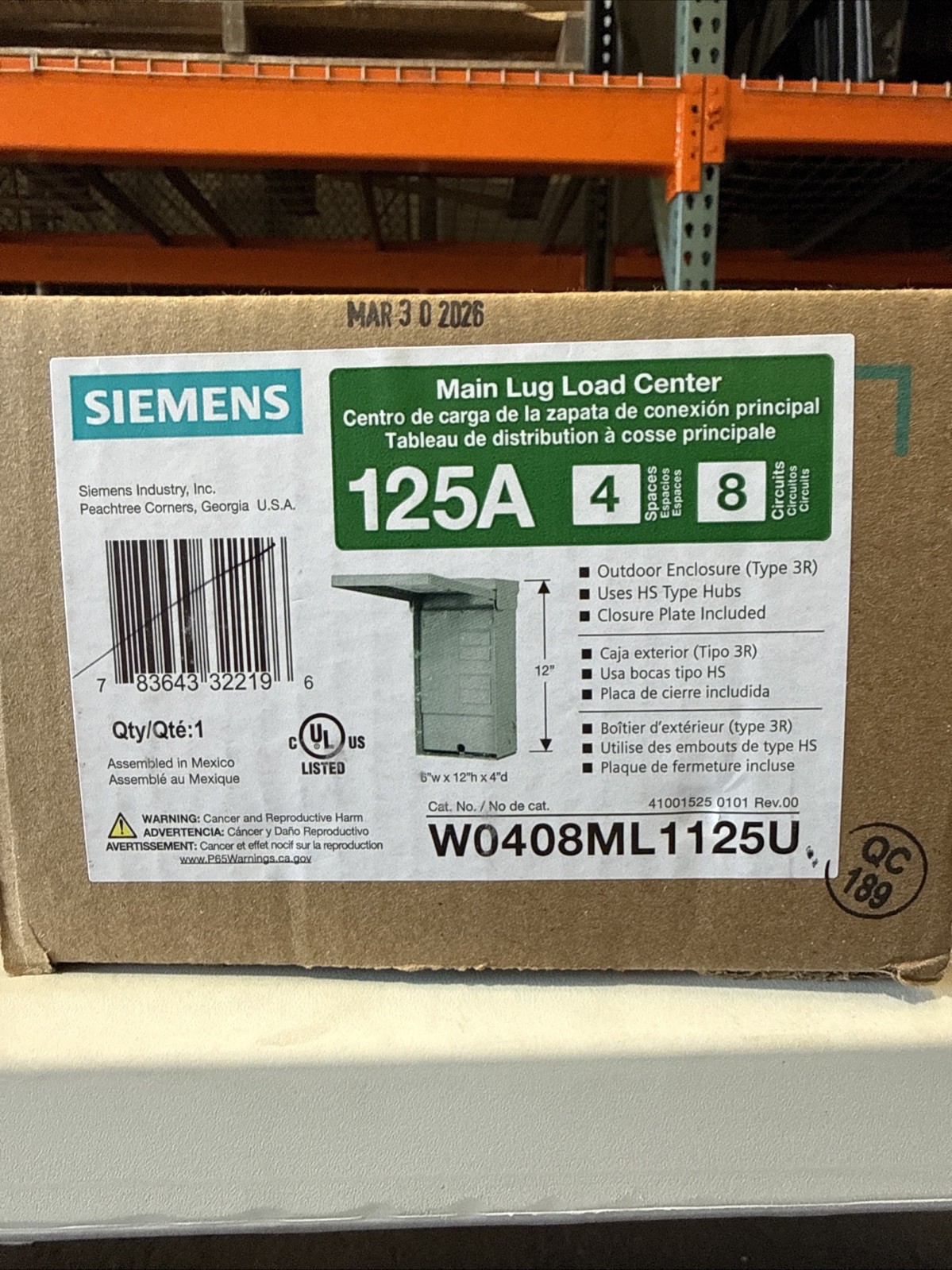 Siemens EQ 125 amps 120/240 V 4 space 8 circuits Surface Mount Main Lug Load Cen