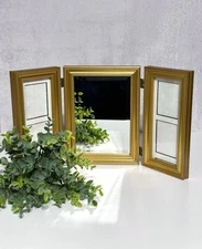 VTG Tri-Fold Double Photo Frame Mirror Gold Tone Freestanding Bed Bath & Beyond