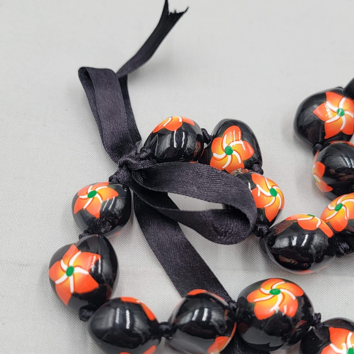 Kukui Nut Lei Hawaii Necklace Hand Painted Orange Hibiscus Flower