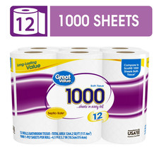 Great Value 1000 Sheets per Roll Toilet Paper, 12 Rolls, Compare to Scott 1000
