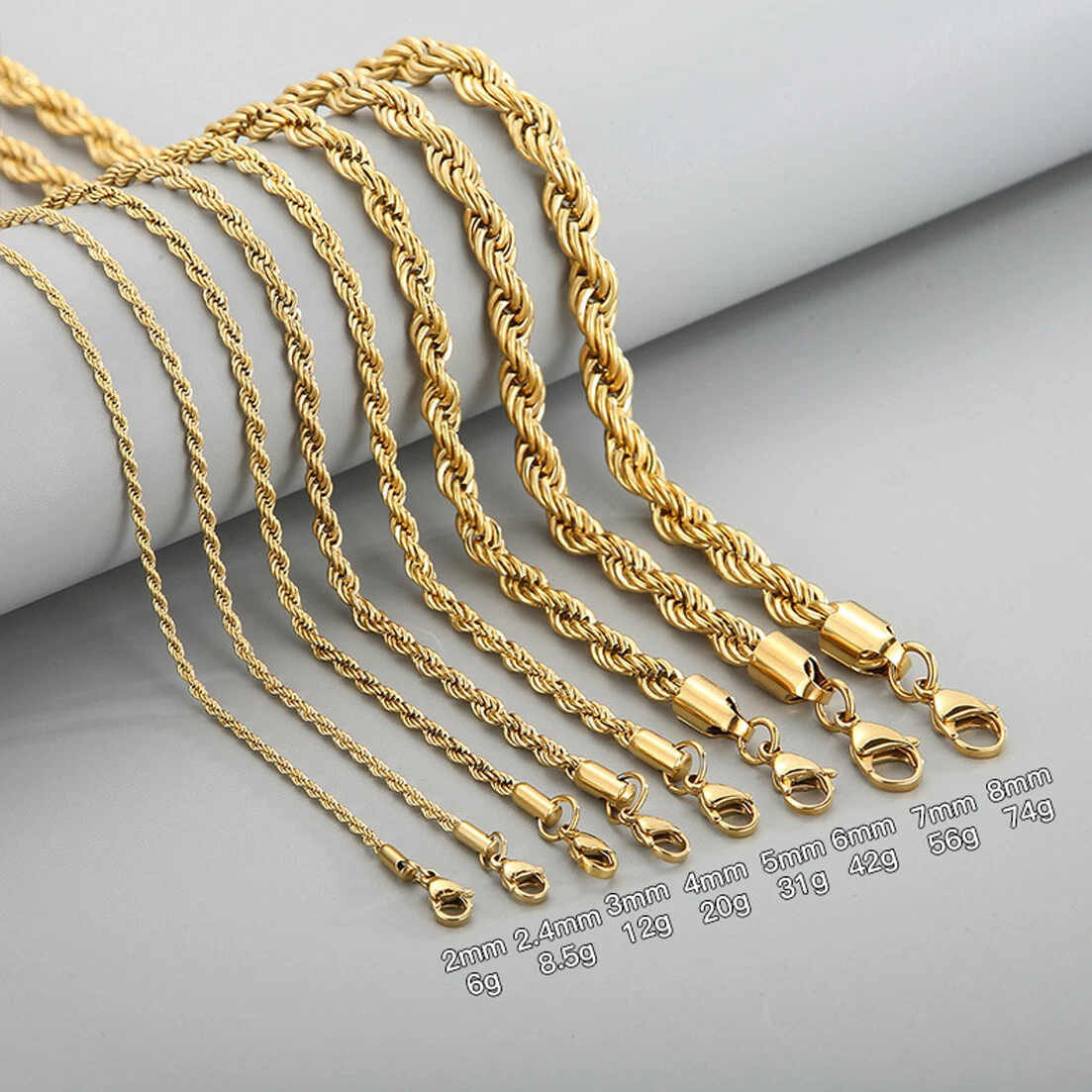 Stainless Steel Gold Plated Rope Chain Necklace 4mm Size 16" to  26" Unisex, Men