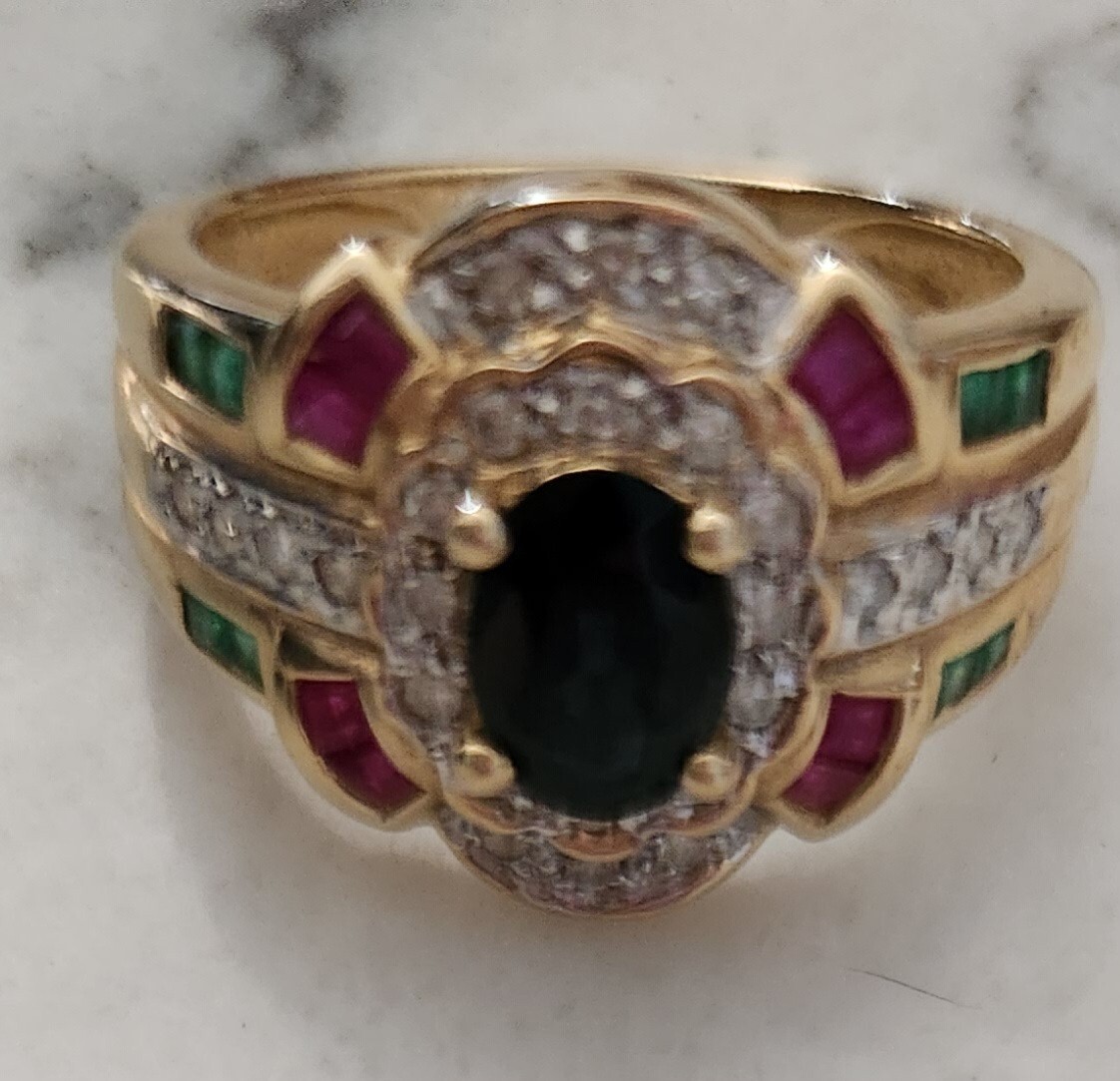 14K Solid Gold Oval Sapphire  Diamond Ruby Emeral… - image 9