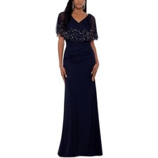 Betsy  Adam Beaded Capelet Gown long dress - size 6P / 6 petite - Navy
