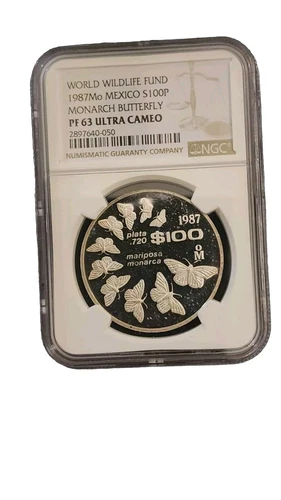1987 World Wildlife Fund Mexico NGC PF63 Ultra Cam $100 Moneda Monarch Butterfly