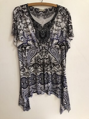 World Unity Wear Womens Top XL Boho Lace Trim Asymmetrical Hem Black Whimsigoth