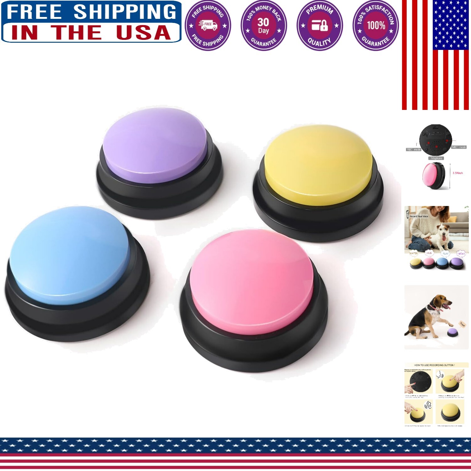 Interactive Pet Communication Buttons - Record & Playback for Fun Gifts, 4-Pack