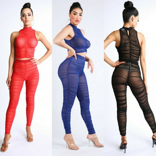 2pc Sheer Ruched Mesh Sleeveless Crop 