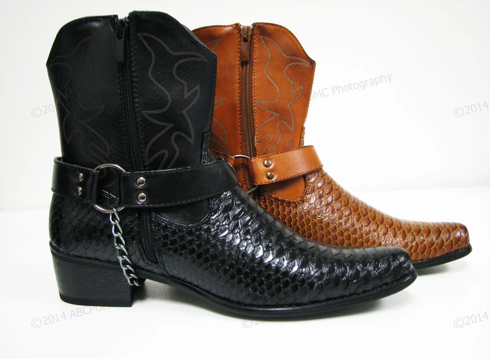 Brand New Mens Cowboy Boots Western Snake Skin Print Zippper Buckle Harness Shoe - Image 2 of 4