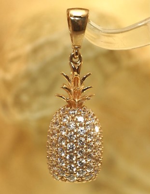 9MM MEDIUM SOLID 14K ROSE GOLD 3D WHOLE SHELL HAWAIIAN PINEAPPLE PAVE CZ PENDANT