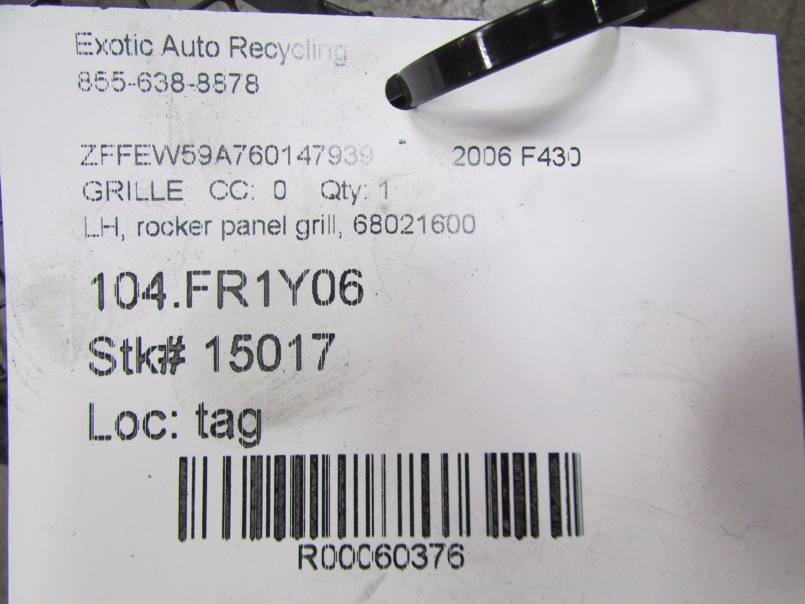Ferrari F430, LH, Left, Rocker Panel Grille, P/N 68021600
