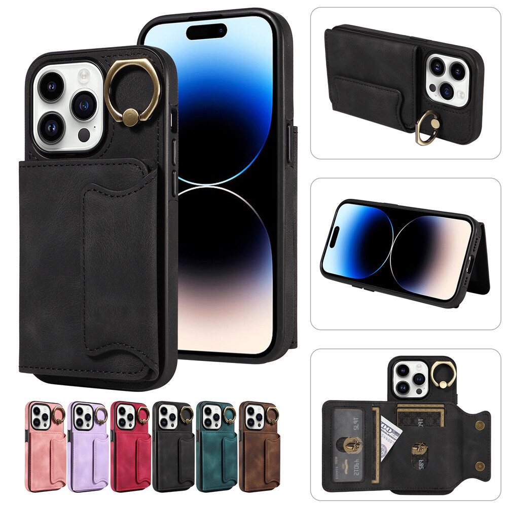 Slim PU Leather iPhone 14 15 Pro Max Case with Ring Holder & Card Slot