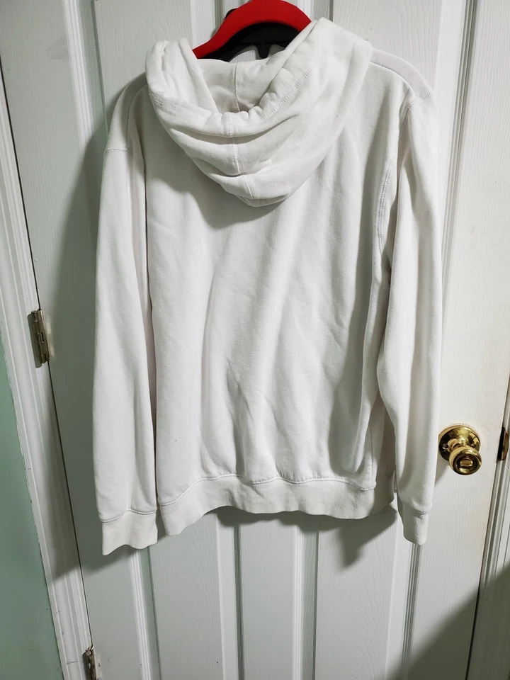 Vintage David Bitton men's white zip-up hoodie with a red and navy striped logo - Image 3 of 4