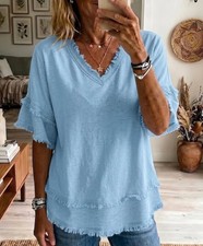 Womens V-neck Ruffle Edge Short-sleeved Cotton Linen Loose Casual Shirt Top -