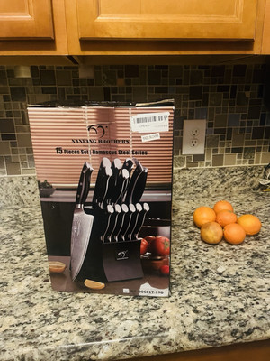 Knife Set, NANFANG BROTHERS 15-Piece Damascus Kitchen Knife Set with Block, A...
