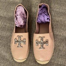 TORY BURCH ELEANOR Silver Logo ESPADRILLE LEATHER SIZE 7 Rose Silk Color Pink