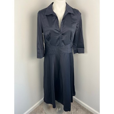 Akris Punto 3/4 Sleeve Crossover Waist Cotton Shirt Dress in Navy 10