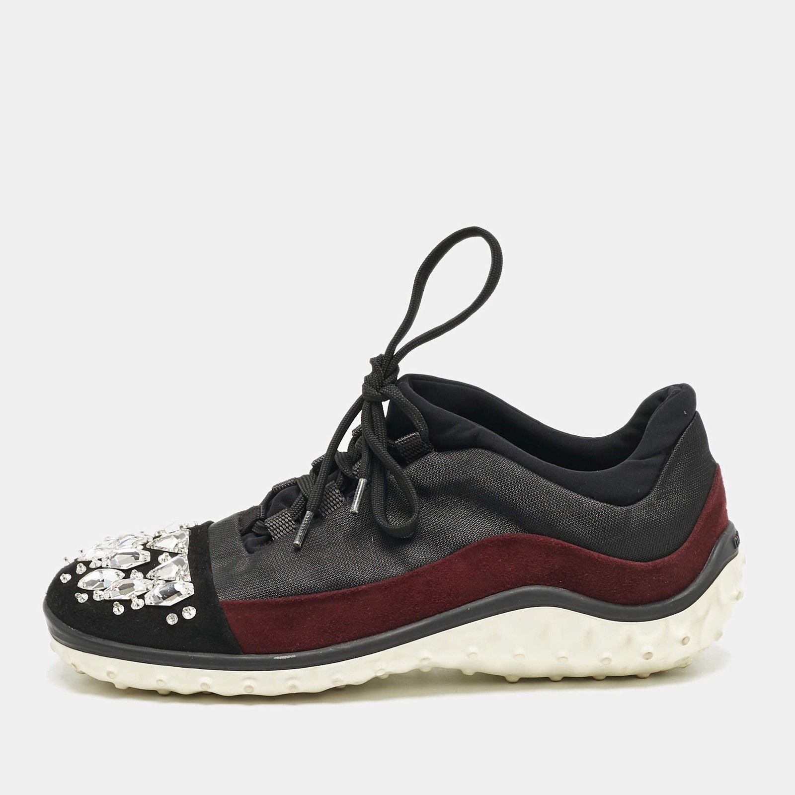 Miu Miu BlackBurgundy Canvas and Suede Crystal Embellished Sneakers Size 37.5