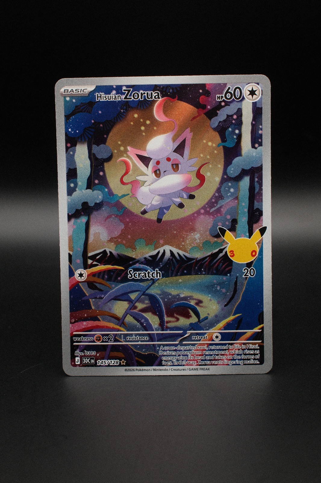 Hisuian Zorua 145/128 Holo Illustration Rare ME: 30th Celebration Pokemon NM