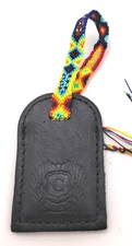 Consuela Black Leather Luggage Tag - Blue/ Yellow/ Orange Friendship Bracelet