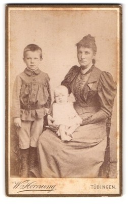 Photograph W. Hornung, Tübingen, portrait mother in Biedermeier dress with son and 