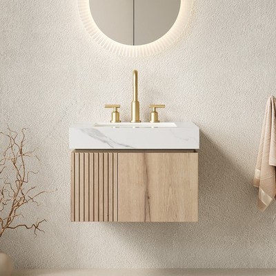 24'' Bathroom Vanity Sink Floating Plywood Cabinet Carrara White Sintered Stone