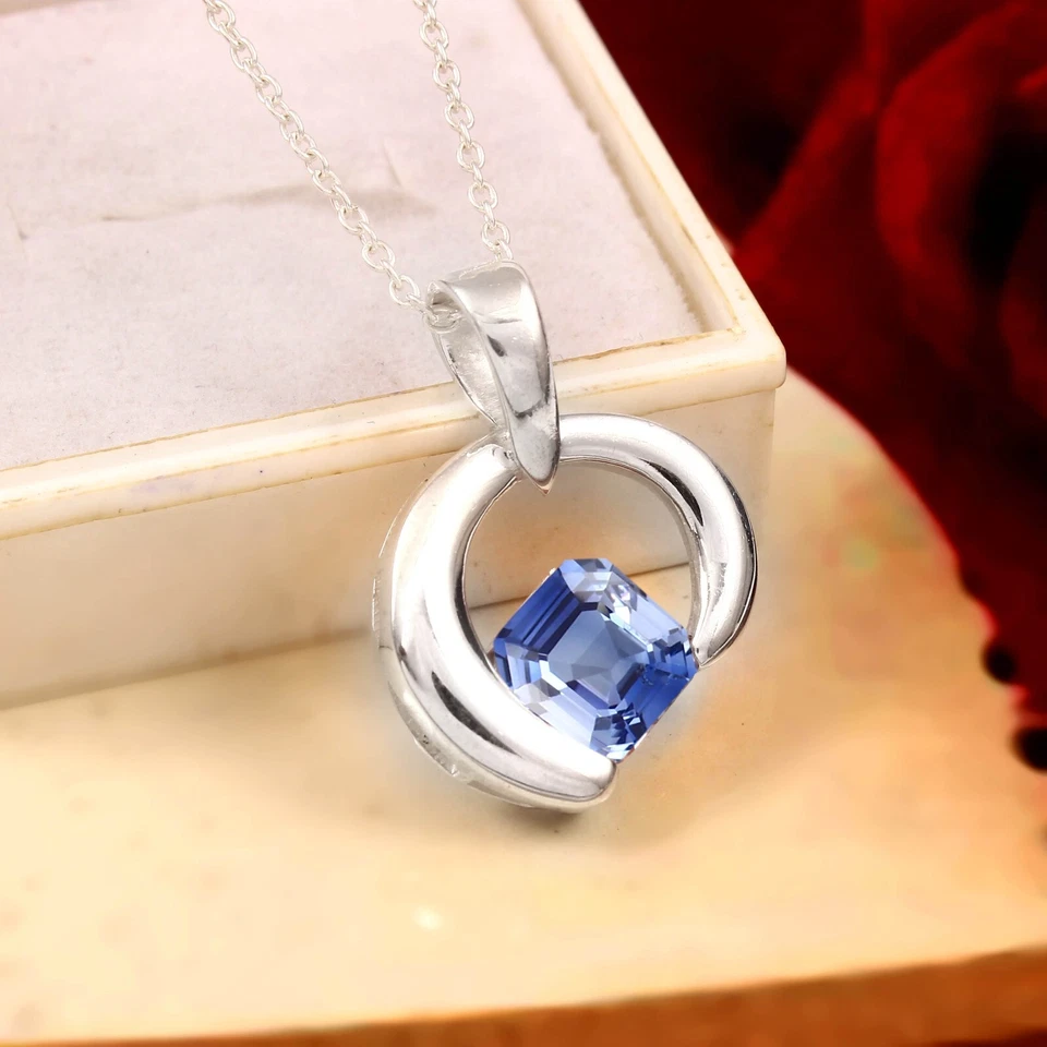 Adorabile Ceylon Pastello Zaffiro Blu Taglio Asscher 925 Ciondolo Argento Gemma - Immagine 2 di 4