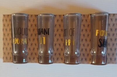 Tall Shooters Shot Glasses with gold/black sayings Set of 4  New In Package 