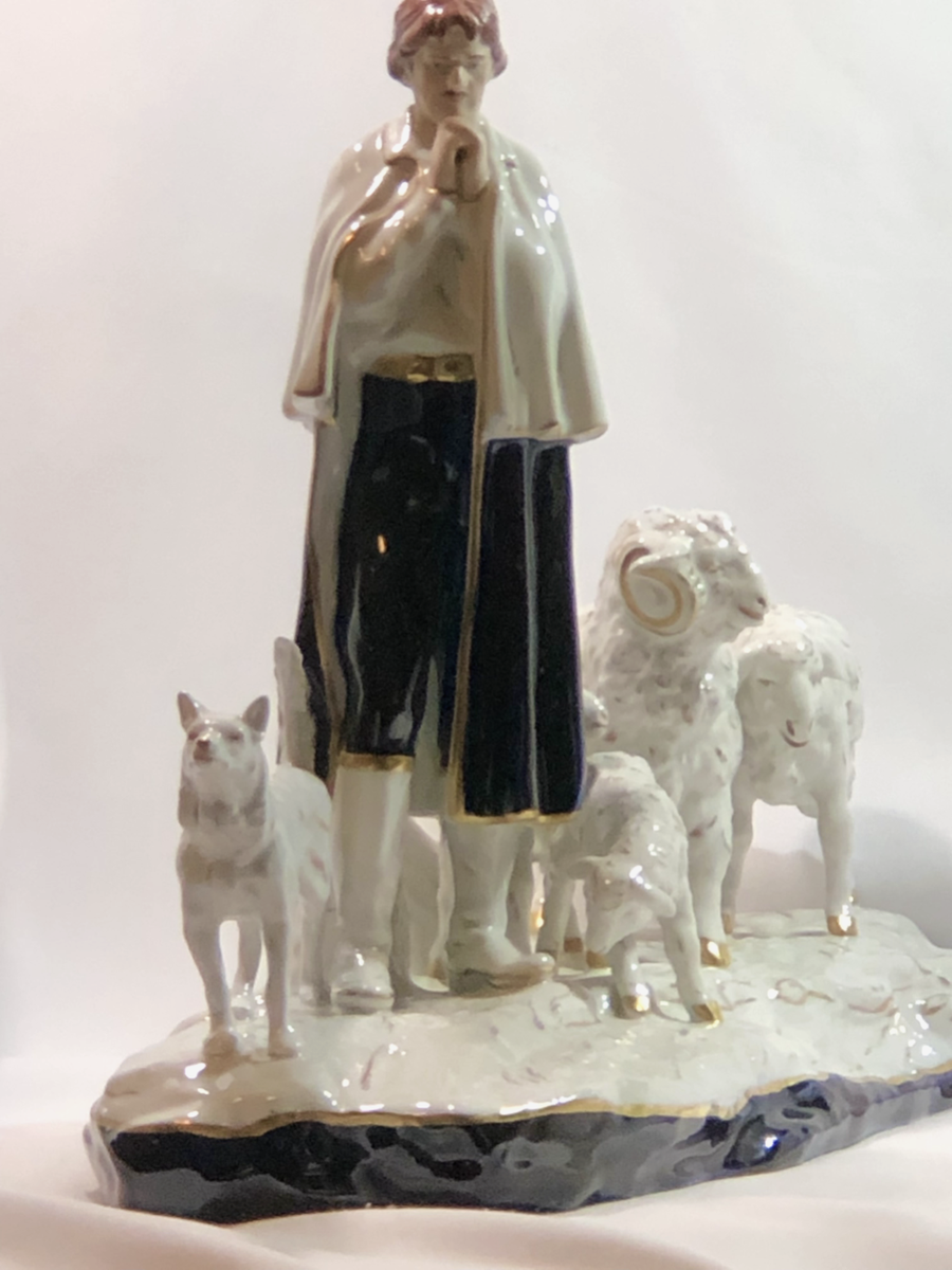 Vintage Royal Dux Bohemia Shepherd with Sheep & Dog 22161