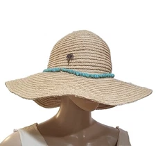 Sun N Sand Wide Brim Paper Braid Headwear Tan  Blue Floppy Hat UPF50+ Protection