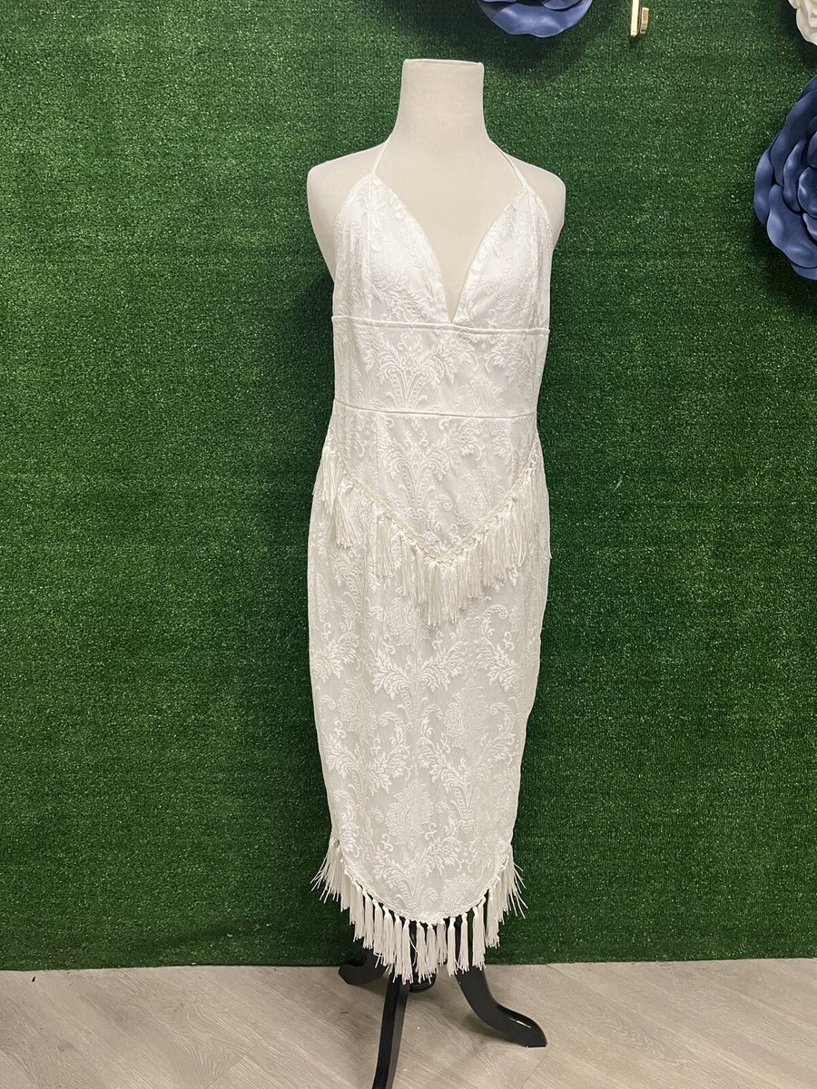 Pretty Little Thing white tassel halter top v neck dress fits like a small/med Pretty Little Thing white tassel halter top v neck dress fits like a small/med
