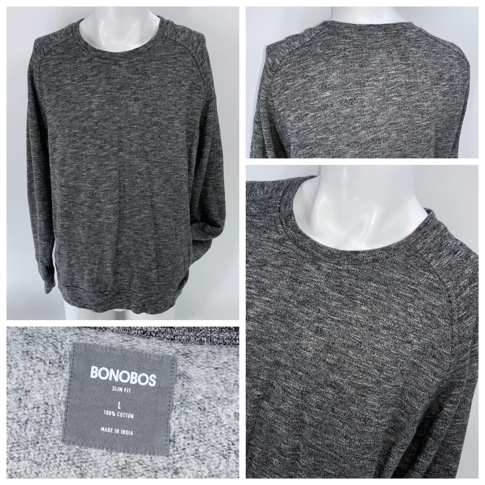 Bonobos Sweatshirt Pullover Slim Fit Fleece L Men Gray Cotton Crewneck YGI X4-27