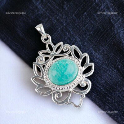 Amazonite Gemstone Jewelry 925 Silver Handmade Everyday Pendant 1.48'' For Women