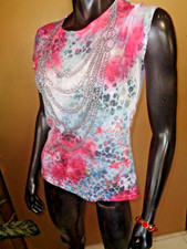 Cache, M, GRAY-SILVER-PINK, CHAINS/SPOTS, RHINESTONE EMBELLISHMENT SPARKLE TOP