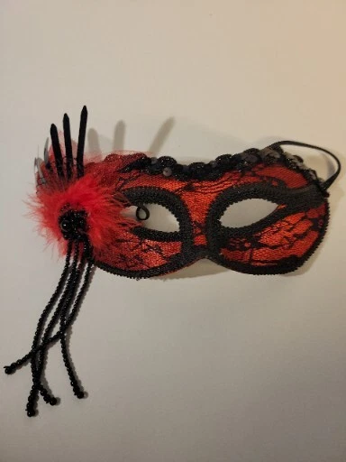 Adult Black Red Lace Sequin Feather Masquerade Flamenco Halloween Costume Mask - Image 2 of 4