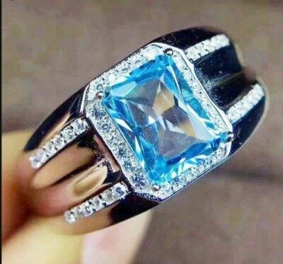 Natural Blue topaz & CZ Gemstones with 925 sterling silver Ring For men ...