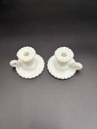 Vintage Mini Pressed Milk Glass Swirl Candlesticks Candle Holder Finger Hold