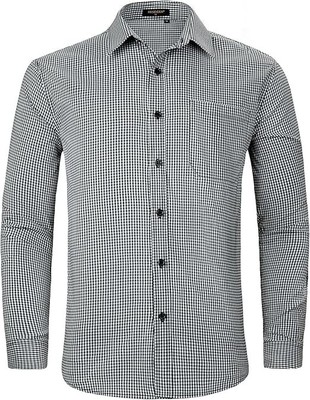 HISDERN Men s Plaid Button Down Shirt Long Sleeve Dress Casual Black White