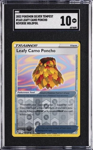2022 POKEMON SILVER TEMPEST REVERSE HOLOFOIL #160 LEAFY CAMO PONCHO SGC 10 GM