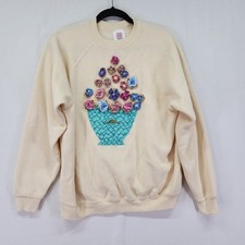 Vintage Sweatshirt Hanes Her 3D Floral Vase Appliqu Size Large Cream Fleece