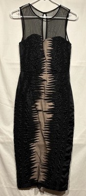 Black Beaded Cocktail Dress Netting Nude color Panels Sz 4 French Connection