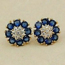 2 Ct Round Simulated Sapphire Diamond Flower Stud Earrings 14K Yellow Gold Over
