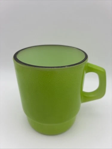 VTG Fire King Retro Avocado Green With Black Rim Stacking Mug Coffee Cup