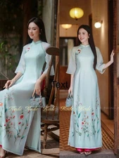 Ao Dai Traditional Vietnamese Long Dress-Embroidered Designed - No Pants
