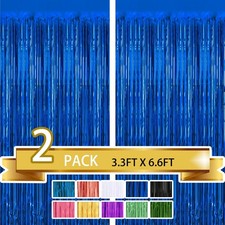 2 Pack Blue Metallic Tinsel Foil Fringe Curtains Party Photo Backdrop Party S...
